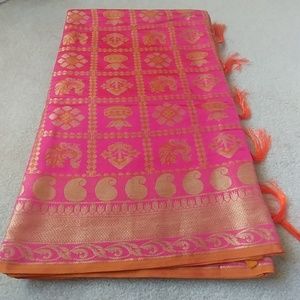 Saree with Blouse and petticoat - Pink, yellow and gold